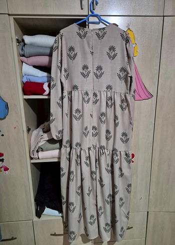 Bej Renkli Uzun Kollu Bohem Tesettür Elbise - Görsel 5