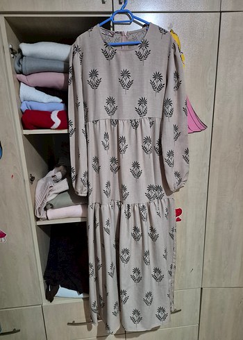 Bej Renkli Uzun Kollu Bohem Tesettür Elbise - Görsel 4