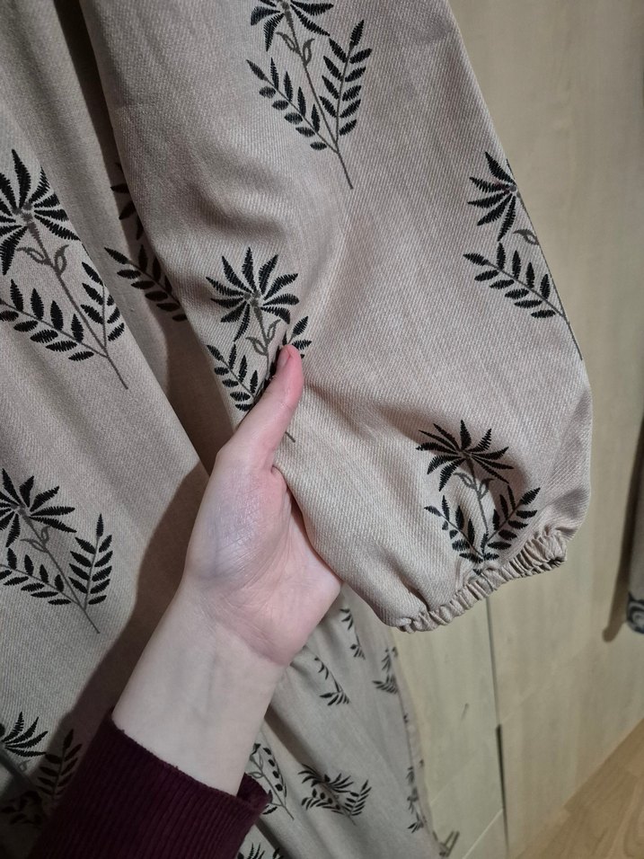 Bej Renkli Uzun Kollu Bohem Tesettür Elbise - Görsel 3