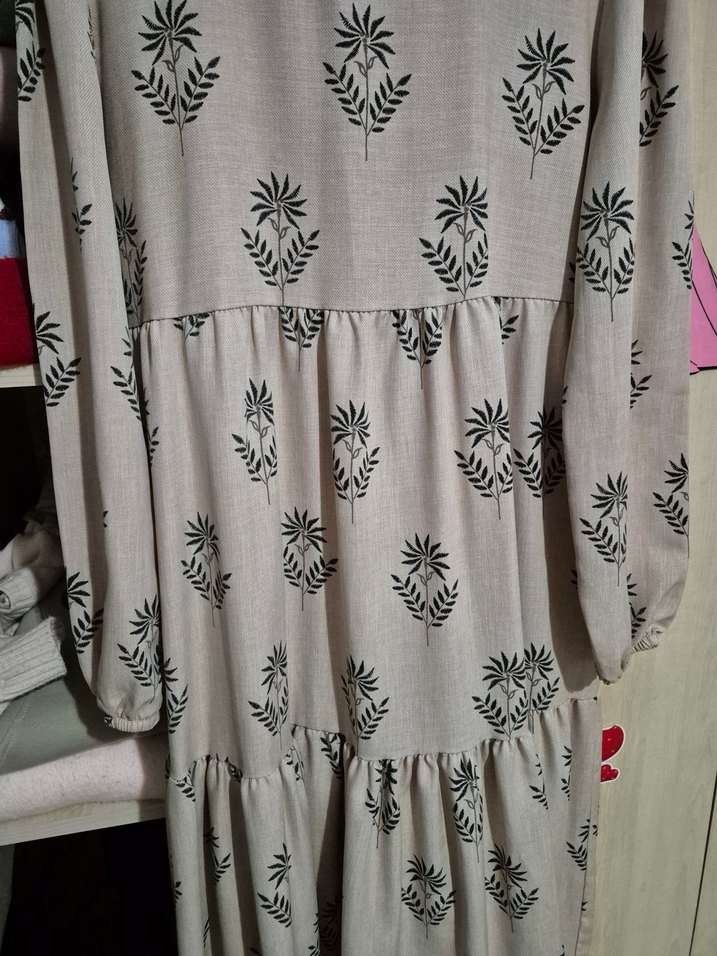 Bej Renkli Uzun Kollu Bohem Tesettür Elbise - Görsel 2