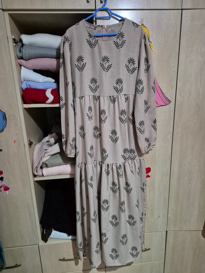 Bej Renkli Uzun Kollu Bohem Tesettür Elbise - Görsel 4