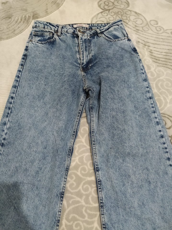 Kadın Geniş Paça Mavi Batik Denim Pantolon - Görsel 2