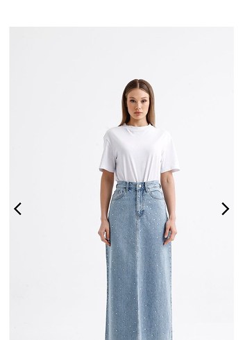 Pul Detaylı Mavi Midi Kot Etek - Görsel 2