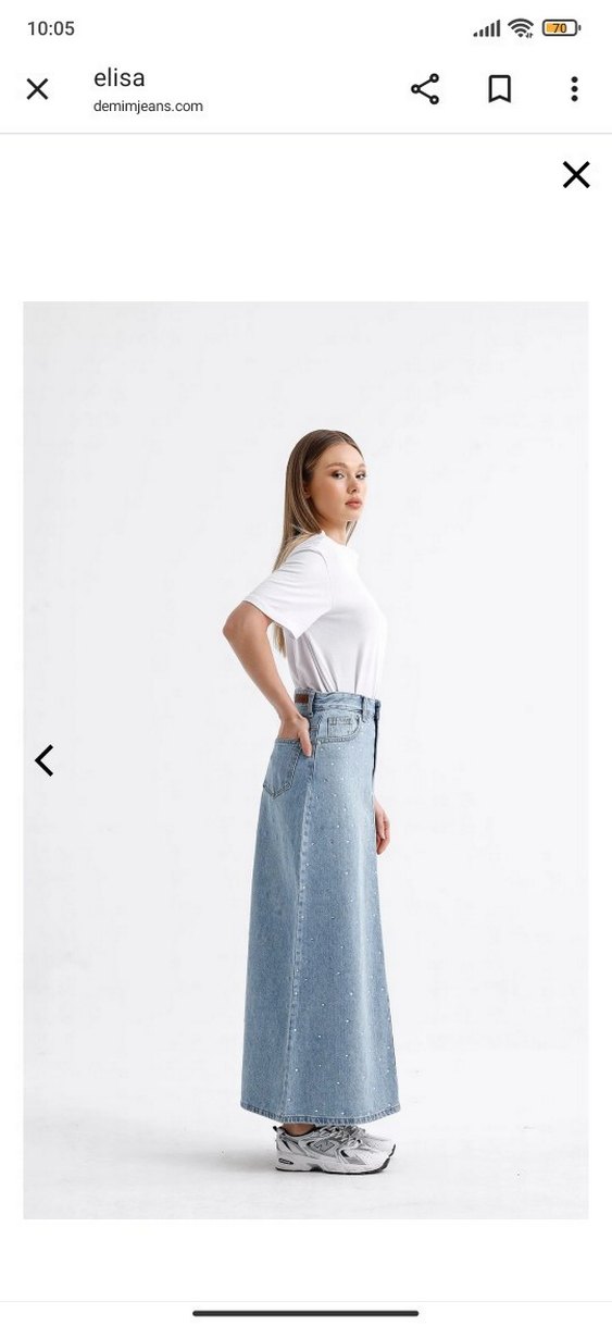 Pul Detaylı Mavi Midi Kot Etek - Görsel 5