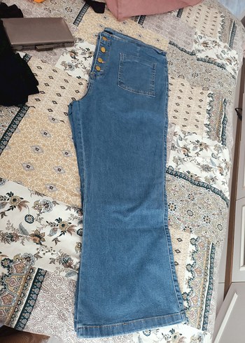 Düğmeli Bohem Mavi Midi Kot Pantolon