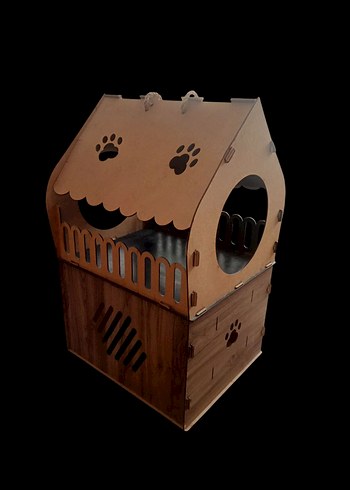 Kahverengi Ahşap Kedi Evi ve Gri Yumuşak Yatak - Görsel 6