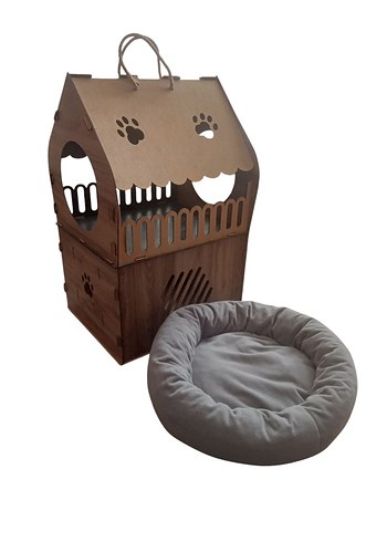 Kahverengi Ahşap Kedi Evi ve Gri Yumuşak Yatak - Görsel 2