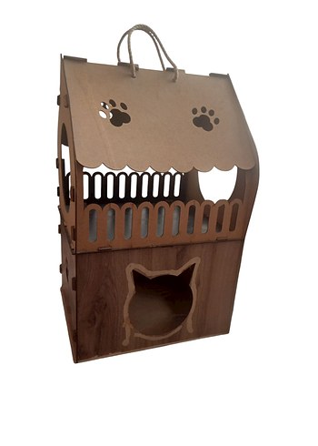 Kahverengi Ahşap Kedi Evi ve Gri Yumuşak Yatak - Görsel 3