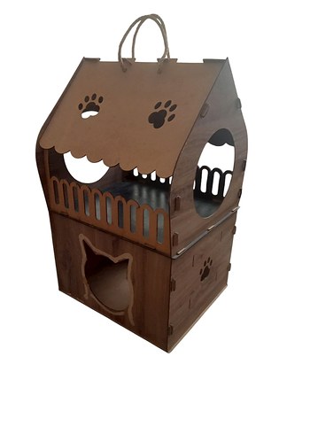 Kahverengi Ahşap Kedi Evi ve Gri Yumuşak Yatak - Görsel 4