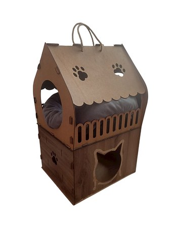 Kahverengi Ahşap Kedi Evi ve Gri Yumuşak Yatak - Görsel 5