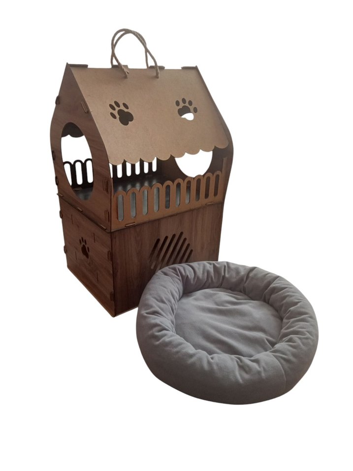 Kahverengi Ahşap Kedi Evi ve Gri Yumuşak Yatak - Görsel 2