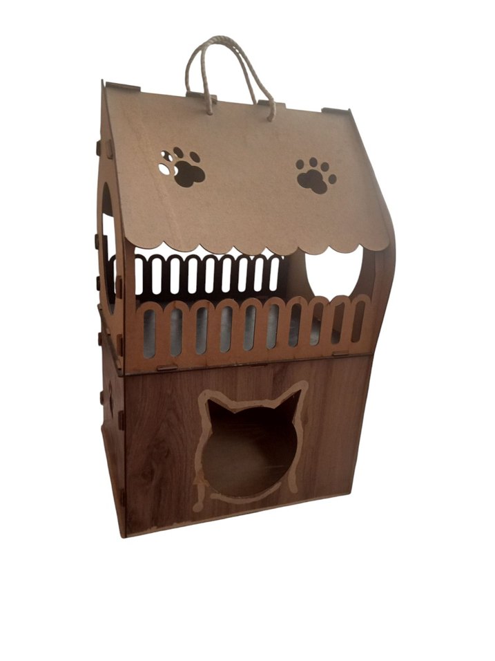 Kahverengi Ahşap Kedi Evi ve Gri Yumuşak Yatak - Görsel 3