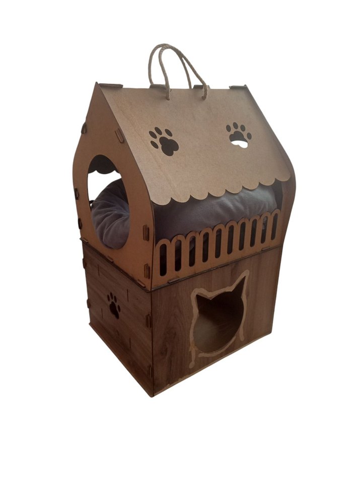Kahverengi Ahşap Kedi Evi ve Gri Yumuşak Yatak - Görsel 5