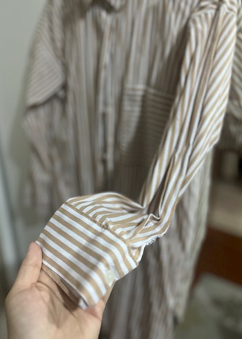 Bej Çizgili Pamuklu Uzun Kollu Kadın Gömlek - Görsel 4