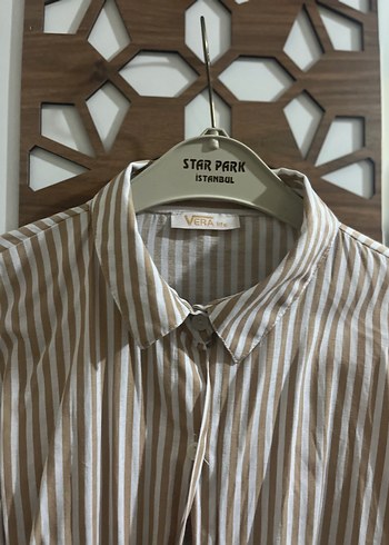 Bej Çizgili Pamuklu Uzun Kollu Kadın Gömlek - Görsel 3