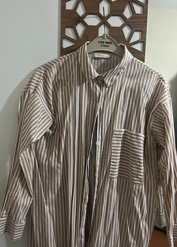 Bej Çizgili Pamuklu Uzun Kollu Kadın Gömlek - Görsel 2