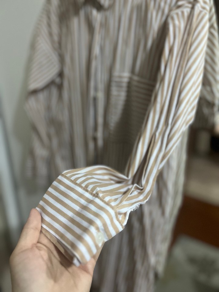 Bej Çizgili Pamuklu Uzun Kollu Kadın Gömlek - Görsel 4