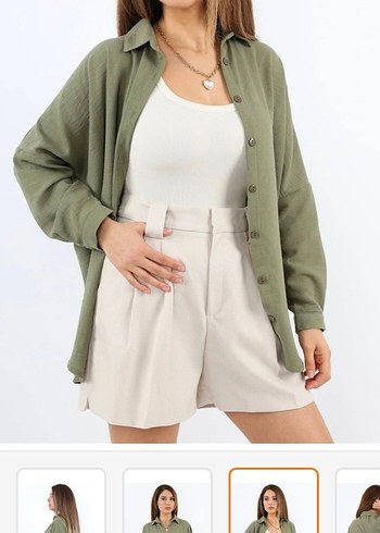 Yeşil Keten Gömlek, Uzun Kollu, Salaş Kesim - Görsel 4