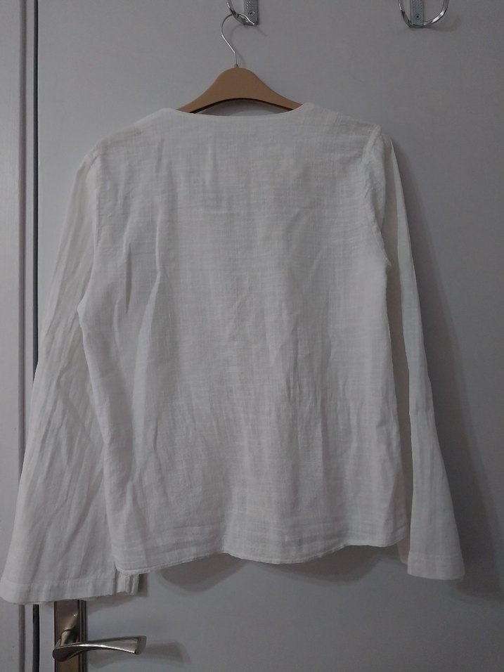 Bağlamalı Beyaz Keten Kadın Gömlek - Görsel 3