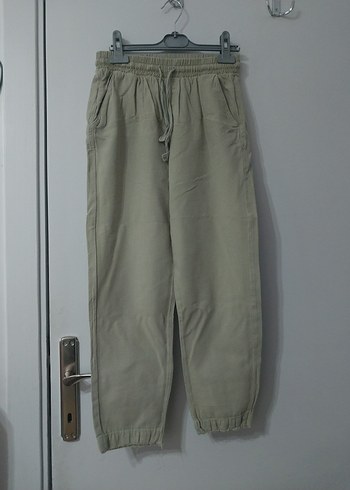 Yeşil Keten Rahat Kesim Kadın Pantolon - Görsel 3