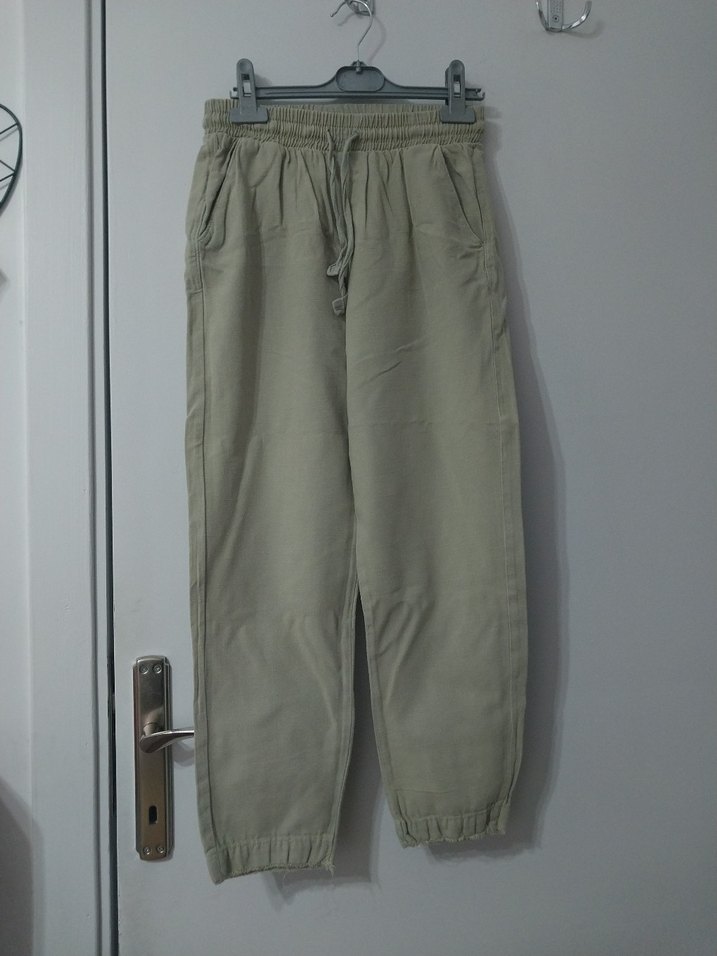 Yeşil Keten Rahat Kesim Kadın Pantolon - Görsel 3