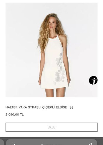 Beyaz Mini Straplez Taşlı Çiçekli Elbise