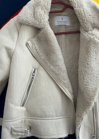 Kürk Detaylı Gri Beyaz Kadın Ceket biker - Görsel 3