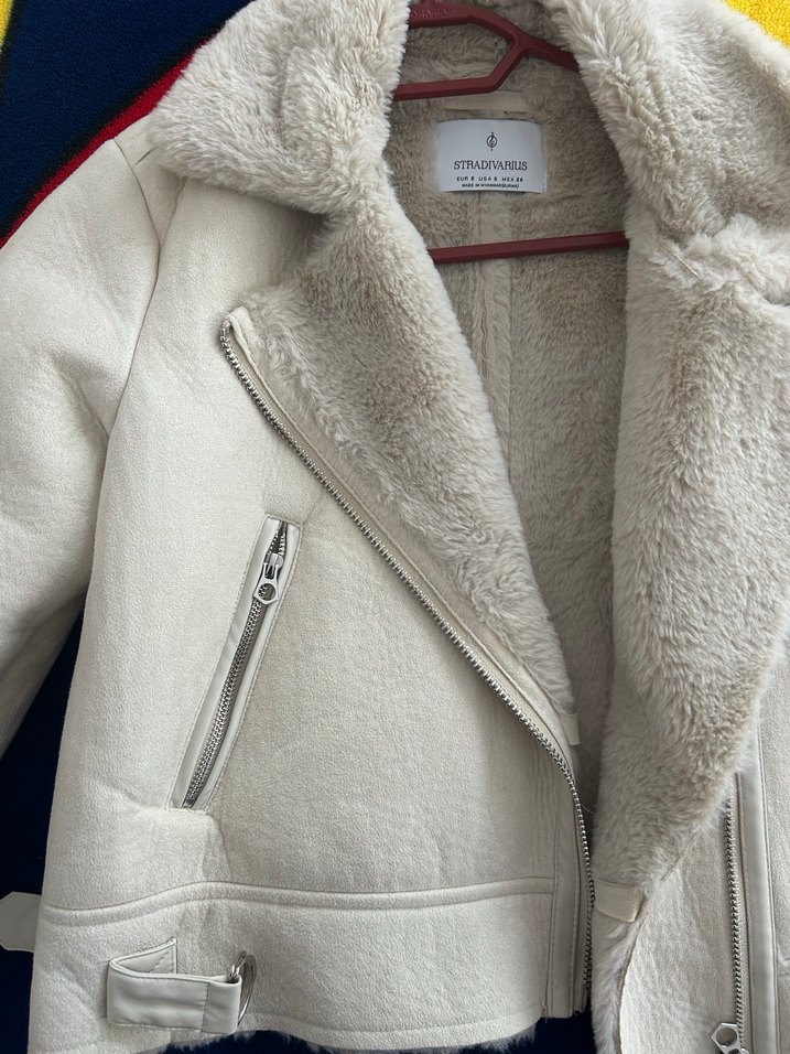 Kürk Detaylı Gri Beyaz Kadın Ceket biker - Görsel 3