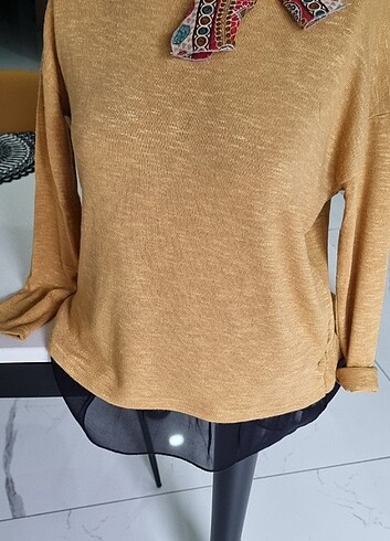 Ince triko  şifon detayli  kazak - Görsel 2