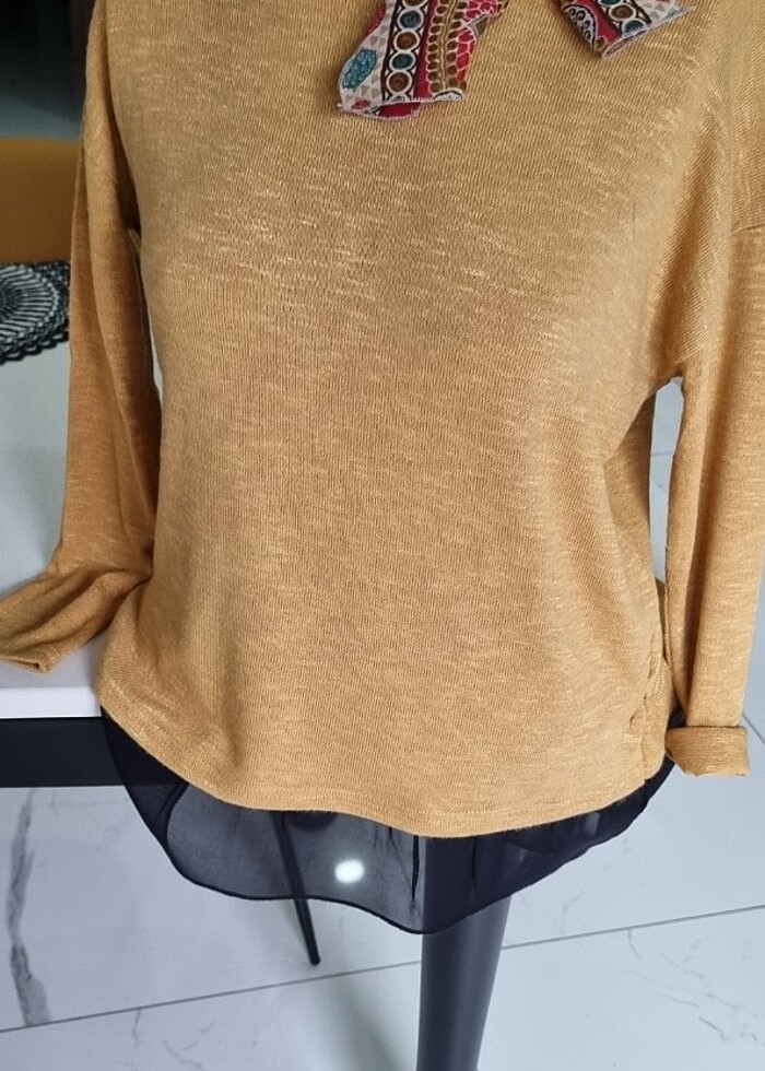 Ince triko  şifon detayli  kazak - Görsel 2