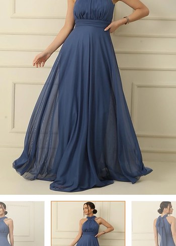 Kadın Koyu Mavi Uzun Abiye Elbise - Görsel 3