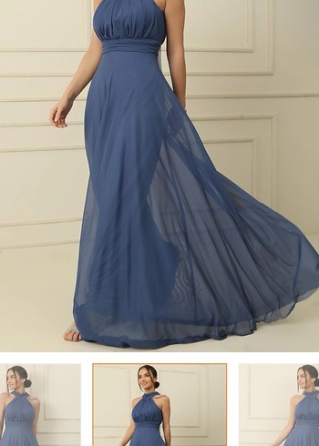 Kadın Koyu Mavi Uzun Abiye Elbise - Görsel 2