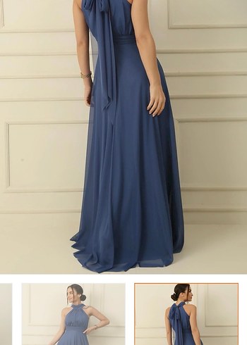 Kadın Koyu Mavi Uzun Abiye Elbise - Görsel 4