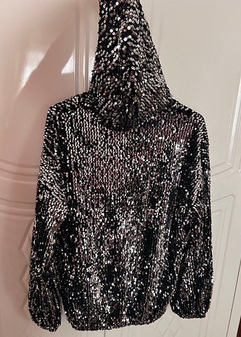 Siyah Pul Payetli Kapüşonlu Kadın Sweatshirt - Görsel 2