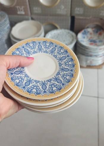  Beden Mavi Desenli Porselen Çay Tabağı