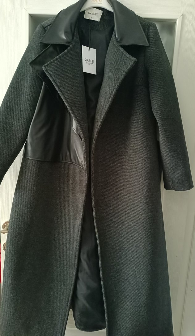 Deri Detaylı Antrasit Kaban - Görsel 2