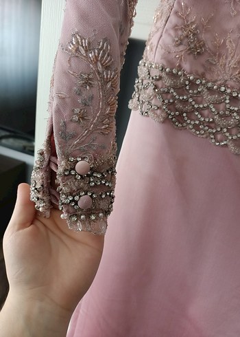 Pembe Uzun Kollu Vintage Abiye Elbise - Görsel 4