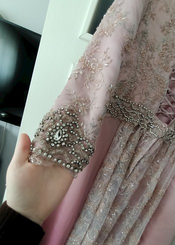 Pembe Uzun Kollu Vintage Abiye Elbise - Görsel 6