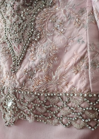 Pembe Uzun Kollu Vintage Abiye Elbise - Görsel 3