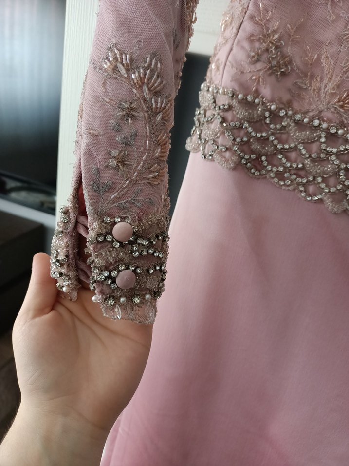 Pembe Uzun Kollu Vintage Abiye Elbise - Görsel 4