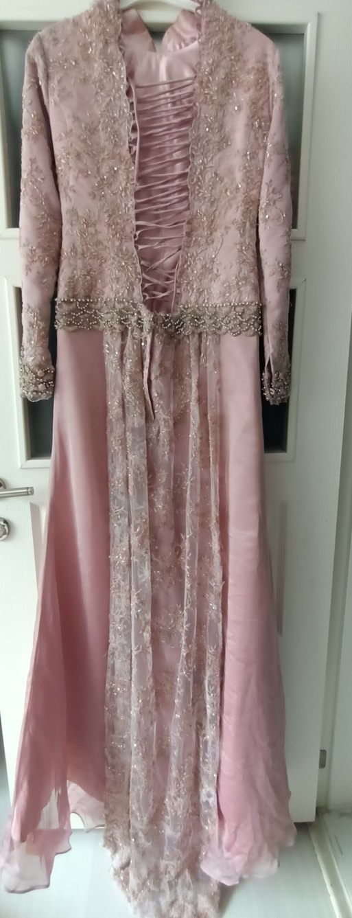 Pembe Uzun Kollu Vintage Abiye Elbise - Görsel 2