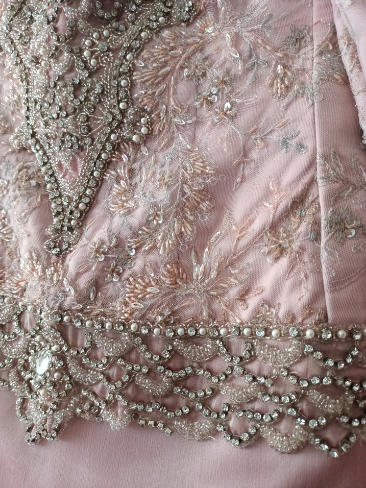 Pembe Uzun Kollu Vintage Abiye Elbise - Görsel 3