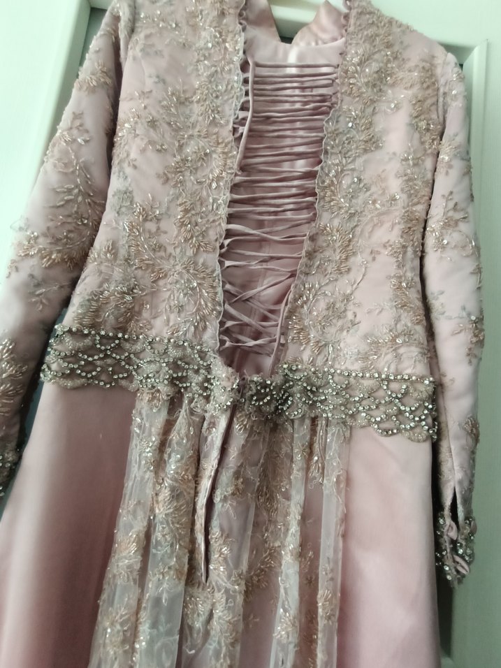 Pembe Uzun Kollu Vintage Abiye Elbise - Görsel 5