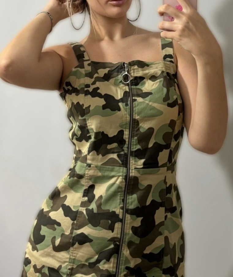 Kadın Kamuflaj Desenli Fermuarlı Mini Elbise - Görsel 2