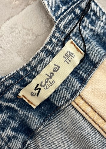 10 Yaş Beden Kız çocuk Mavi Bej Denim Askılı Tulum