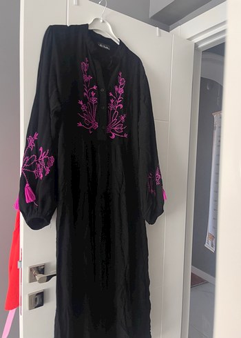 xl Beden pembe Renk Düğmeli Pembe Nakışlı Bohem Uzun Elbise