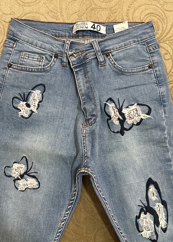 Nakışlı Mavi Midi Kot Pantolon - Görsel 2