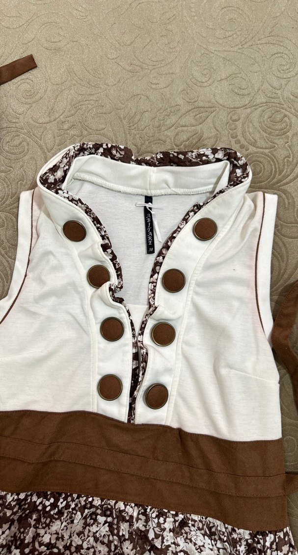 Düğmeli V Yaka Kahverengi Bohem Midi Elbise - Görsel 2