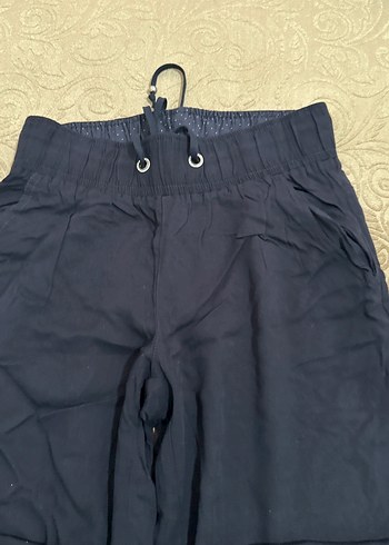 Lacivert Kadın Keten Bol Kesim Midi Pantolon - Görsel 3