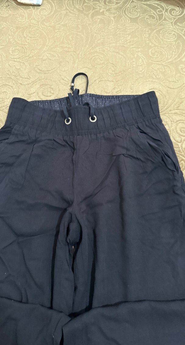 Lacivert Kadın Keten Bol Kesim Midi Pantolon - Görsel 3